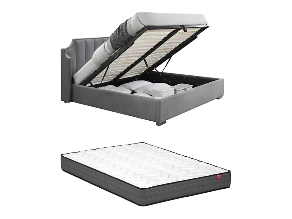 Vente-unique Lit coffre 160 x 200 cm avec tête de lit incurvée - Velours - Gris clair + Matelas - TEOMIS Outlet