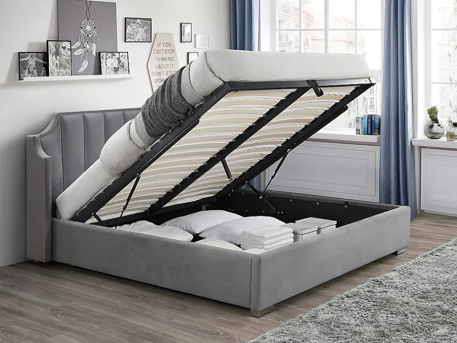 Vente-unique Lit coffre 160 x 200 cm avec tête de lit incurvée - Velours - Gris clair + Matelas - TEOMIS Outlet