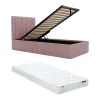 Vente-unique Lit coffre 90 x 190 cm avec tête de lit coutures verticales - Tissu - Rose + Matelas - SARAH