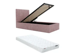 Vente-unique Lit coffre 90 x 190 cm avec tête de lit coutures verticales - Tissu - Rose + Matelas - SARAH