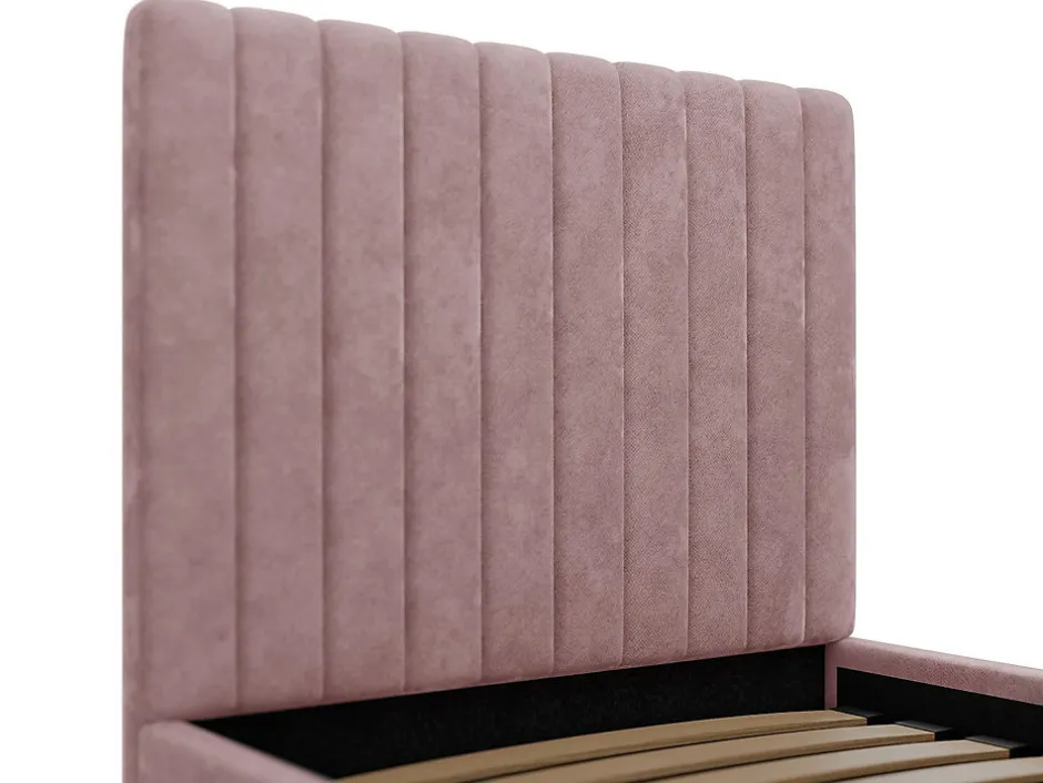 Vente-unique Lit coffre 90 x 190 cm avec tête de lit coutures verticales - Tissu - Rose + Matelas - SARAH