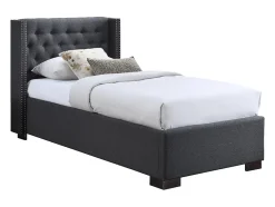 Vente-unique Lit coffre 90 x 200 cm avec tête de lit capitonnée - Tissu - Gris - MASSIMO Best