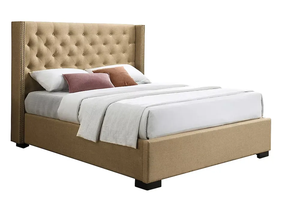 Vente-unique Lit coffre 90 x 200 cm avec tête de lit capitonnée - Tissu - Gris - MASSIMO Best