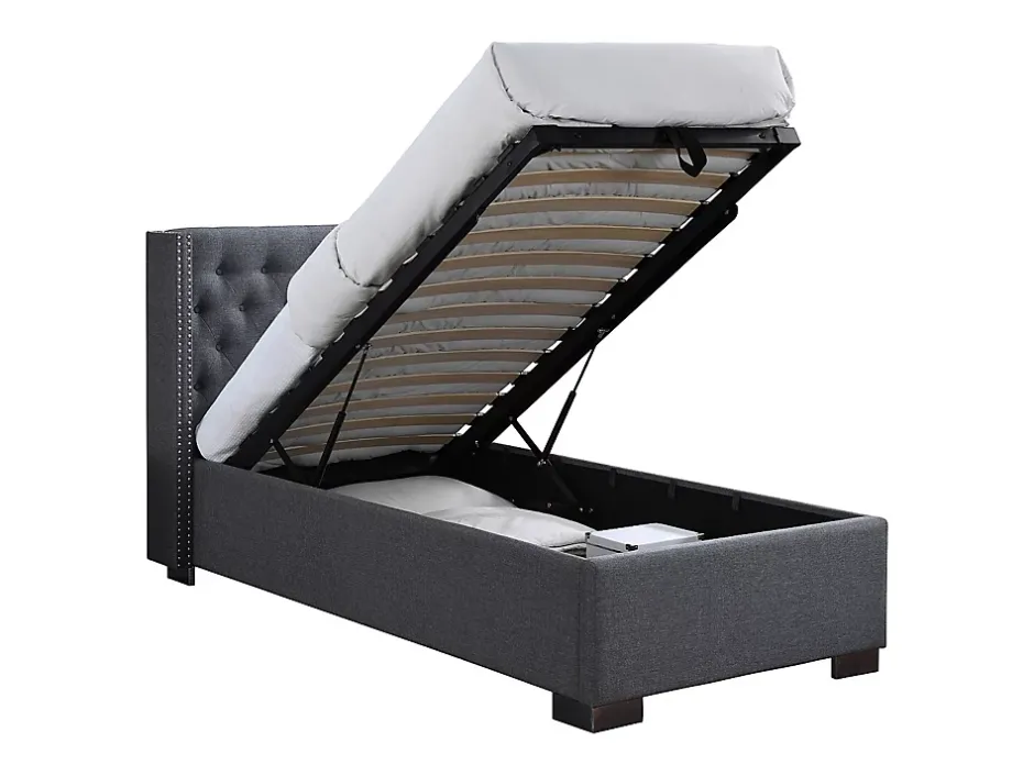Vente-unique Lit coffre 90 x 200 cm avec tête de lit capitonnée - Tissu - Gris - MASSIMO Best