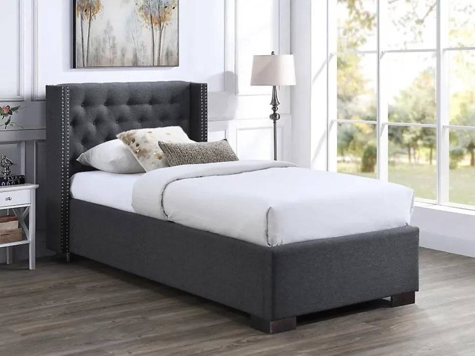 Vente-unique Lit coffre 90 x 200 cm avec tête de lit capitonnée - Tissu - Gris - MASSIMO Best