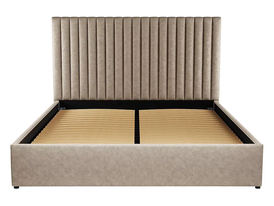 Vente-unique Lit coffre 160 x 200 cm avec tête de lit coutures verticales - Tissu - Taupe - SARAH II Outlet