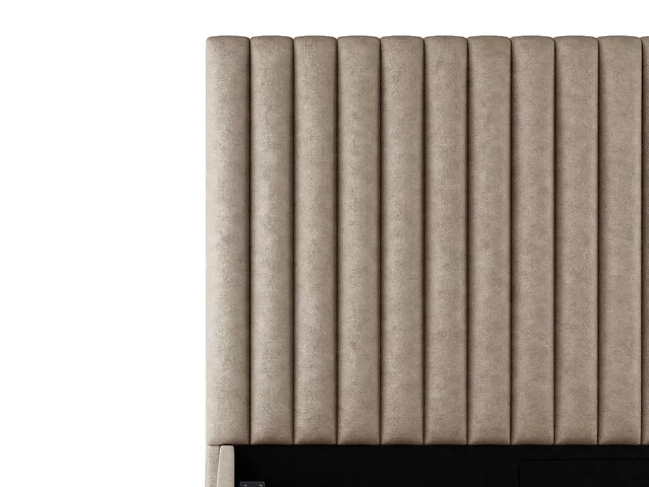 Vente-unique Lit coffre 160 x 200 cm avec tête de lit coutures verticales - Tissu - Taupe - SARAH II Outlet