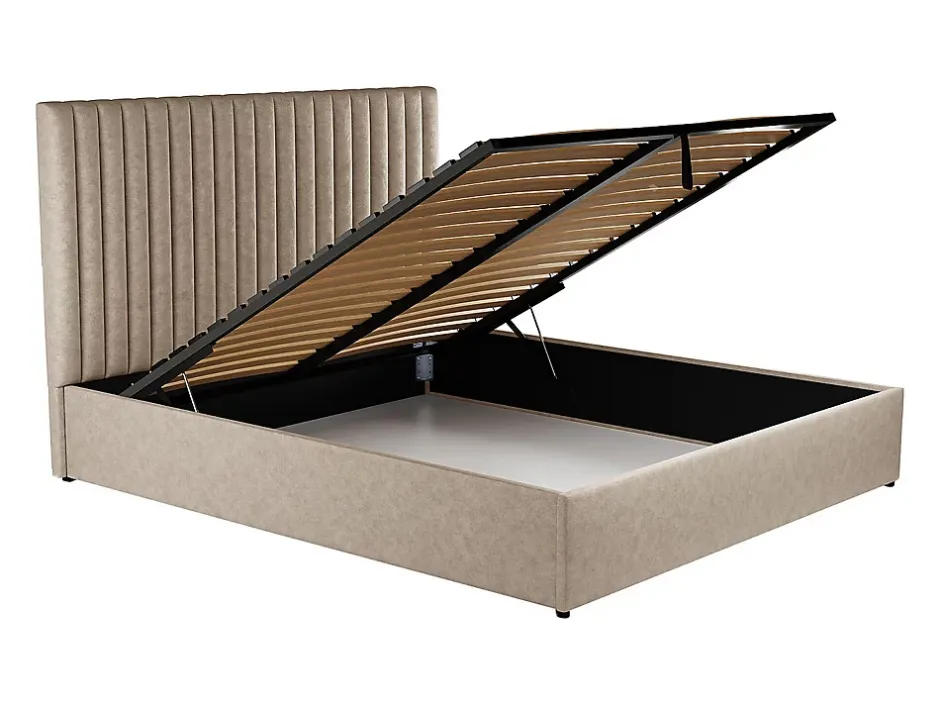 Vente-unique Lit coffre 160 x 200 cm avec tête de lit coutures verticales - Tissu - Taupe - SARAH II Outlet