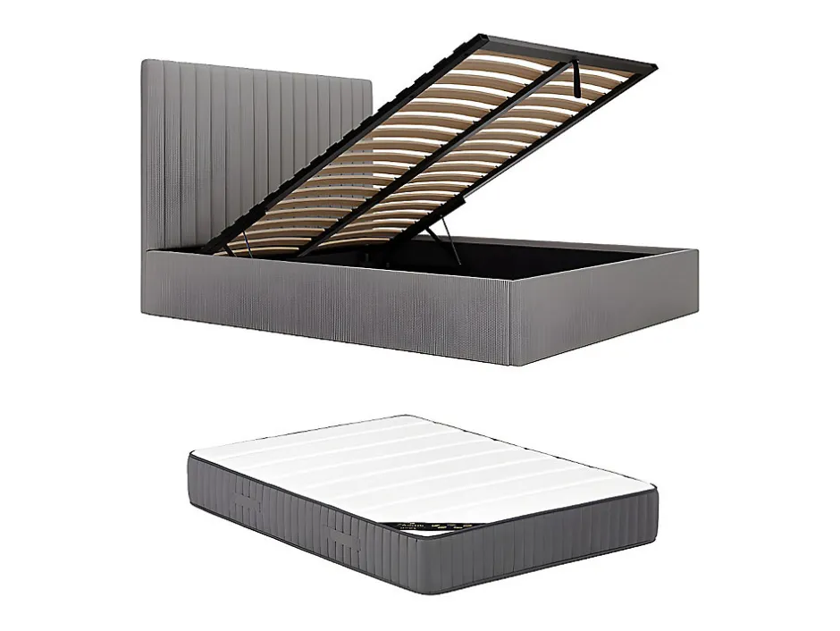 Vente-unique Lit coffre 140 x 190 cm avec tête de lit coutures verticales - Velours côtelé - Gris + Matelas - SARAH