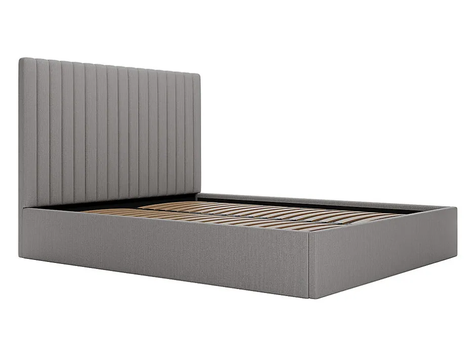 Vente-unique Lit coffre 140 x 190 cm avec tête de lit coutures verticales - Velours côtelé - Gris + Matelas - SARAH