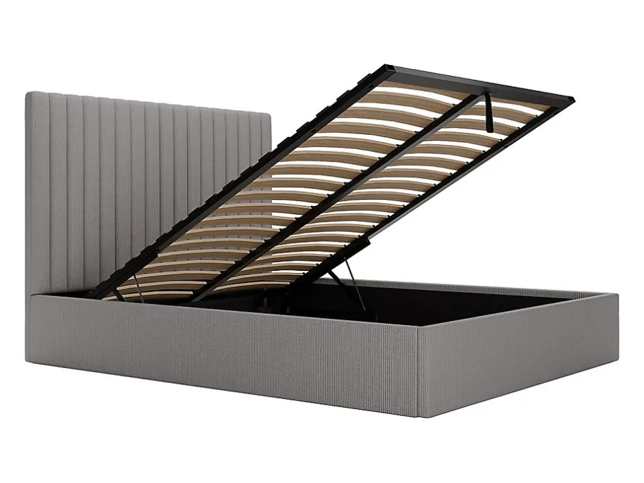 Vente-unique Lit coffre 140 x 190 cm avec tête de lit coutures verticales - Velours côtelé - Gris + Matelas - SARAH