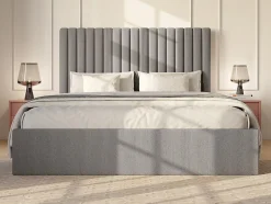 Vente-unique Lit coffre 140 x 190 cm avec tête de lit coutures verticales - Velours côtelé - Gris + Matelas - SARAH