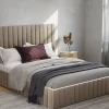 Vente-unique Lit coffre 160 x 200 cm avec tête de lit coutures verticales - Velours - Taupe - LARALI II Outlet
