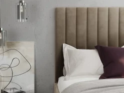 Vente-unique Lit coffre 160 x 200 cm avec tête de lit coutures verticales - Velours - Taupe - LARALI II Outlet