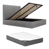 Vente-unique Lit coffre 160 x 200 cm avec tête de lit coutures verticales - Velours côtelé - Gris + Matelas - SARAH