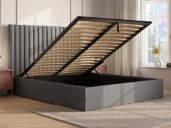 Vente-unique Lit coffre 160 x 200 cm avec tête de lit coutures verticales - Velours côtelé - Gris + Matelas - SARAH