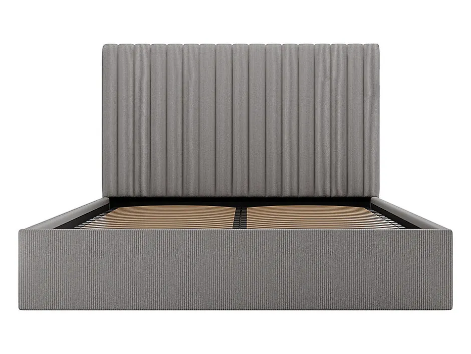 Vente-unique Lit coffre 160 x 200 cm avec tête de lit coutures verticales - Velours côtelé - Gris + Matelas - SARAH