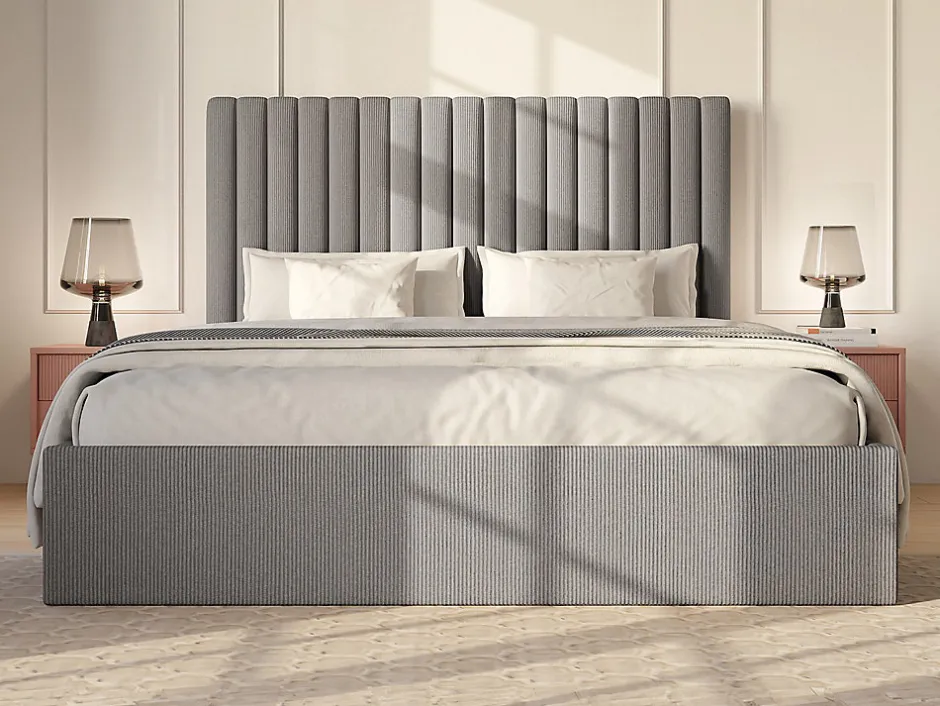 Vente-unique Lit coffre 160 x 200 cm avec tête de lit coutures verticales - Velours côtelé - Gris + Matelas - SARAH