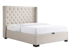 Vente-unique Lit coffre 160 x 200 cm avec tête de lit capitonnée - Tissu - Beige - MASSIMO II