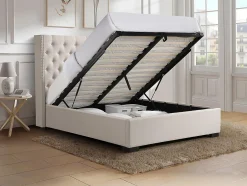 Vente-unique Lit coffre 160 x 200 cm avec tête de lit capitonnée - Tissu - Beige - MASSIMO II