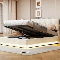 Fortuna lai Lit Coffre 160 x 200 cm, Lit Double avec Éclairage LED, Lit Capitonné avec Rangement et Tete de lit,Velours Beige Sale