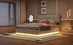 Fortuna lai Lit Coffre 160 x 200 cm, Lit Double avec Éclairage LED, Lit Capitonné avec Rangement et Tete de lit,Velours Beige Sale
