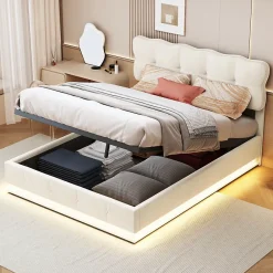 Fortuna lai Lit Coffre 160 x 200 cm, Lit Double avec Éclairage LED, Lit Capitonné avec Rangement et Tete de lit,Velours Beige Sale