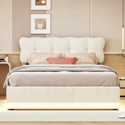 Fortuna lai Lit Coffre 160 x 200 cm, Lit Double avec Éclairage LED, Lit Capitonné avec Rangement et Tete de lit,Velours Beige Sale