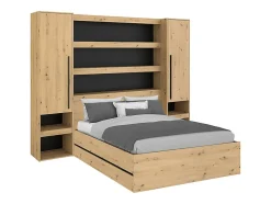 Vente-unique Lit coffre 140 x 190 cm LUDARO avec pont de lit VARLY - Coloris : Naturel et noir