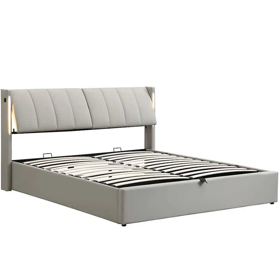 Gutent Lit coffre 160 x 200 cm,lit hydraulique,Lit rembourré, avec espace de rangement, tête de lit réglable,PU,gris Best