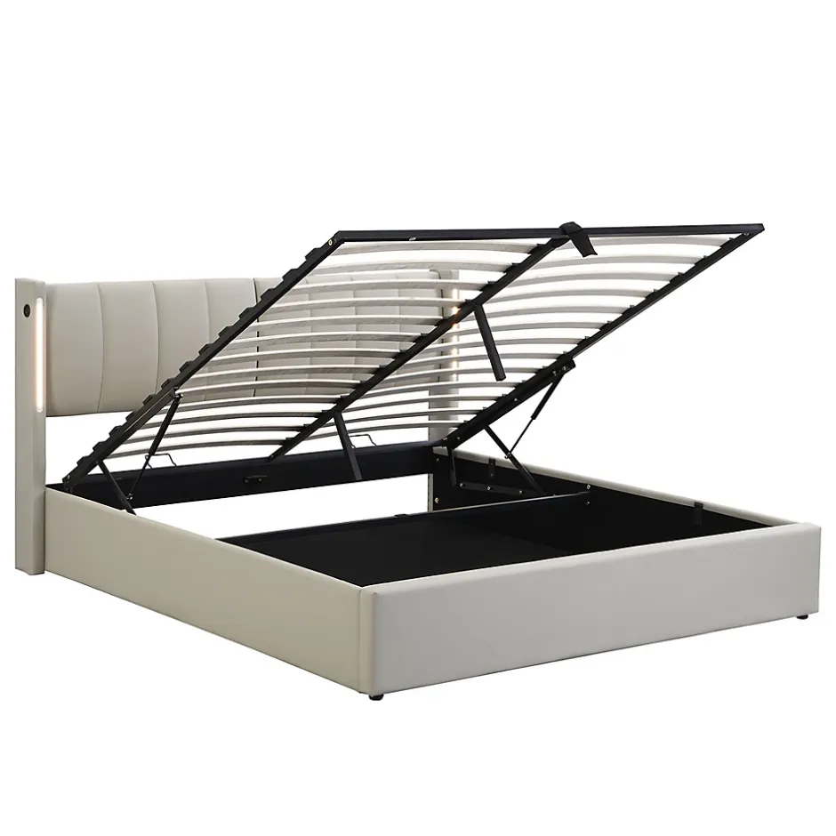 Gutent Lit coffre 160 x 200 cm,lit hydraulique,Lit rembourré, avec espace de rangement, tête de lit réglable,PU,gris Best
