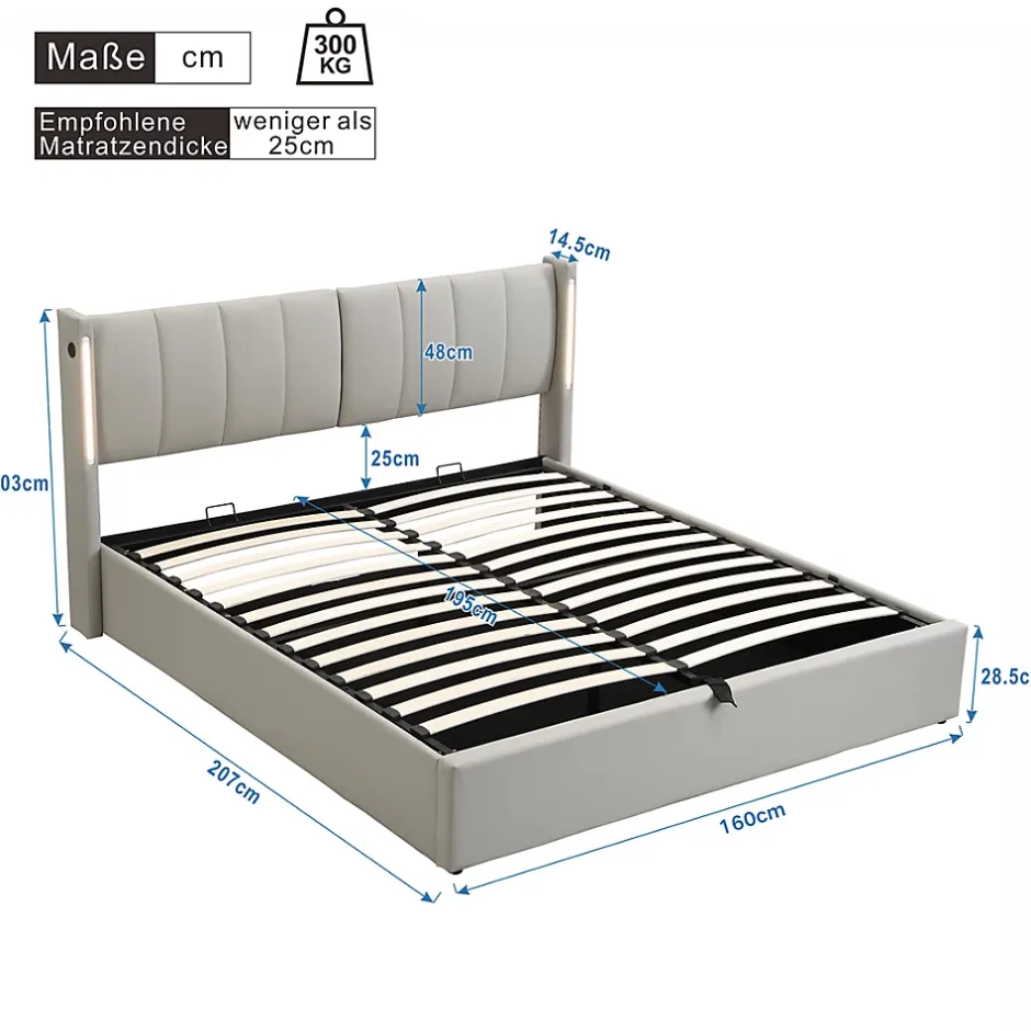 Gutent Lit coffre 160 x 200 cm,lit hydraulique,Lit rembourré, avec espace de rangement, tête de lit réglable,PU,gris Best