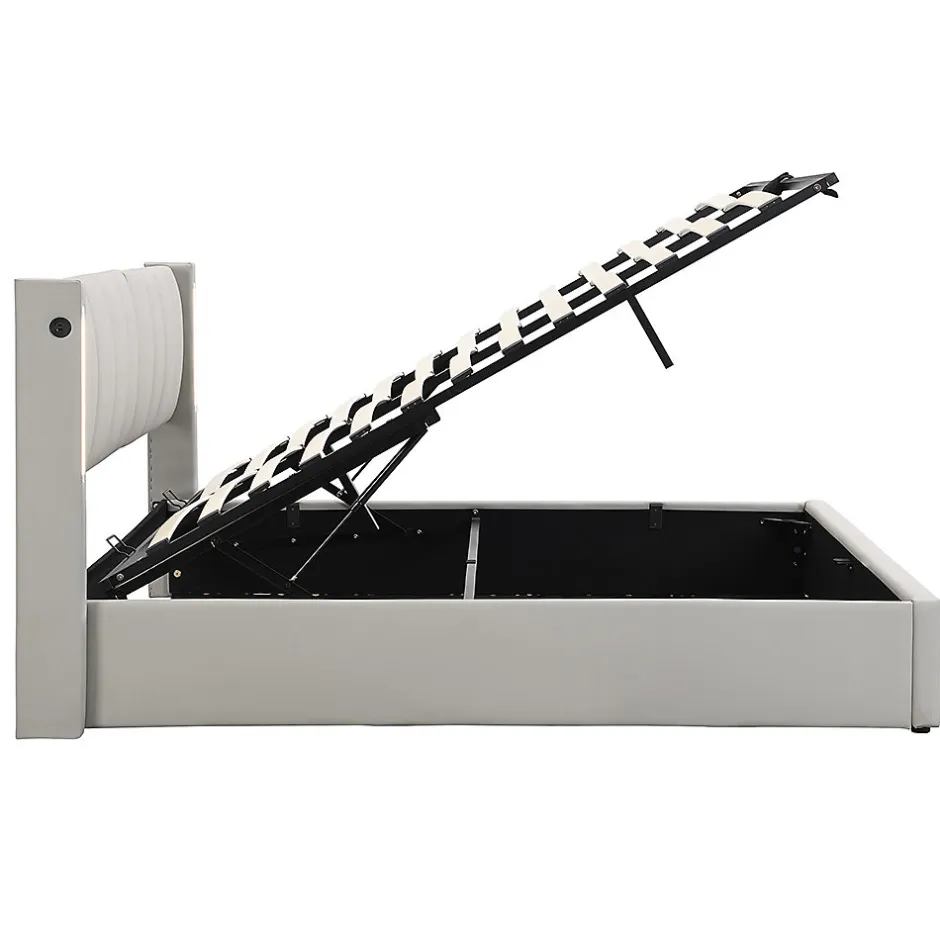 Gutent Lit coffre 140 x 190 cm,Lit rembourré,lit hydraulique,avec éclairage LED, avec espace de rangement,PU, gris Discount