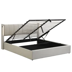 Gutent Lit coffre 140 x 190 cm,Lit rembourré,lit hydraulique,avec éclairage LED, avec espace de rangement,PU, gris Discount