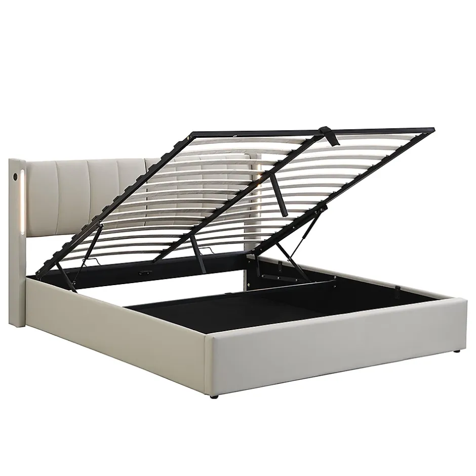 Gutent Lit coffre 140 x 190 cm,Lit rembourré,lit hydraulique,avec éclairage LED, avec espace de rangement,PU, gris Discount