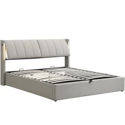 Gutent Lit coffre 140 x 190 cm,Lit rembourré,lit hydraulique,avec éclairage LED, avec espace de rangement,PU, gris Discount