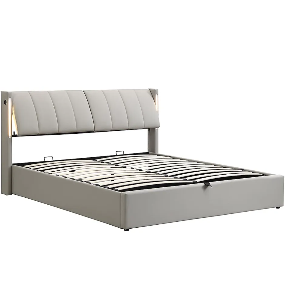 Gutent Lit coffre 140 x 190 cm,Lit rembourré,lit hydraulique,avec éclairage LED, avec espace de rangement,PU, gris Discount