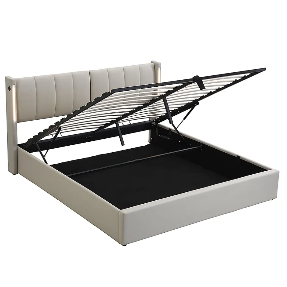 Gutent Lit coffre 140 x 190 cm,Lit rembourré,lit hydraulique,avec éclairage LED, avec espace de rangement,PU, gris Discount