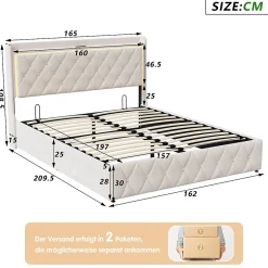 Generique lit coffre 160 x 200,lit double 160 x 200 avec sommier,Tête de lit avec chargement USB et lumières LED réglables,velours,Beige Hot