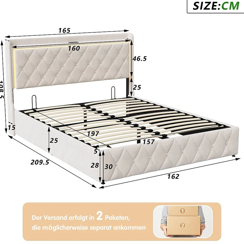 Generique lit coffre 160 x 200,lit double 160 x 200 avec sommier,Tête de lit avec chargement USB et lumières LED réglables,velours,Beige Hot