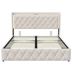 Generique lit coffre 160 x 200,lit double 160 x 200 avec sommier,Tête de lit avec chargement USB et lumières LED réglables,velours,Beige Hot