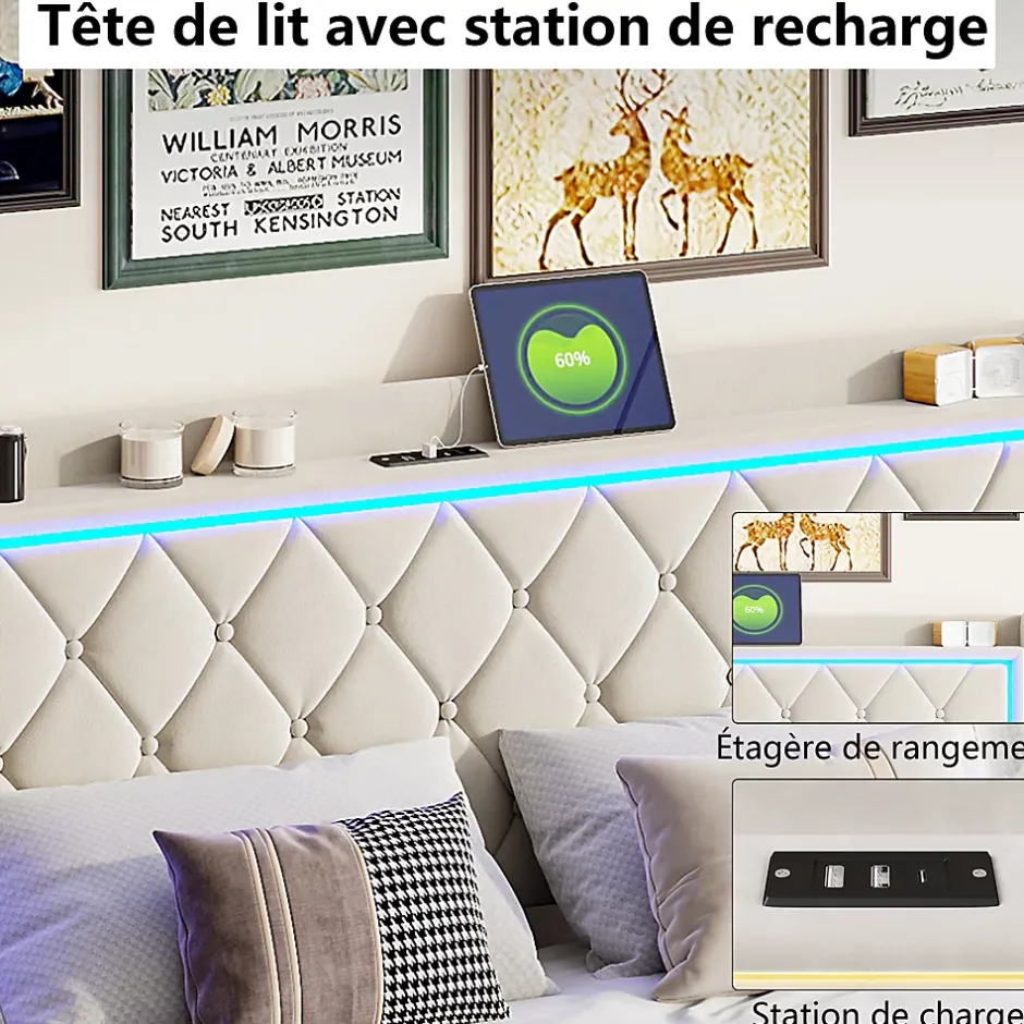 Generique lit coffre 160 x 200,lit double 160 x 200 avec sommier,Tête de lit avec chargement USB et lumières LED réglables,velours,Beige Hot