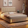 Generique lit coffre 140 x 200,lit rembourré double avec levier hydraulique,Lumières LED au bout du lit,velours,Beige