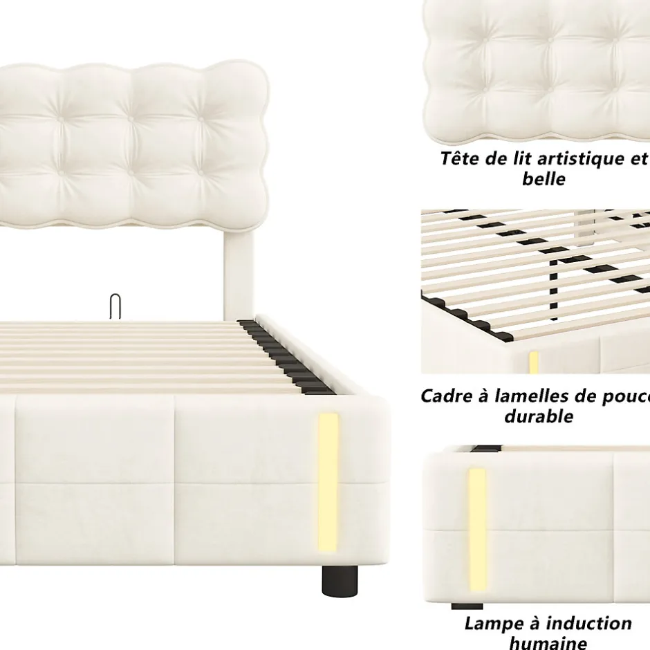 Generique lit coffre 140 x 200,lit rembourré double avec levier hydraulique,Lumières LED au bout du lit,velours,Beige