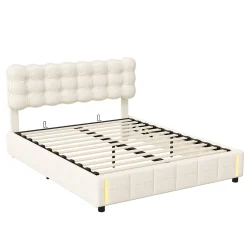 Generique lit coffre 140 x 200,lit rembourré double avec levier hydraulique,Lumières LED au bout du lit,velours,Beige