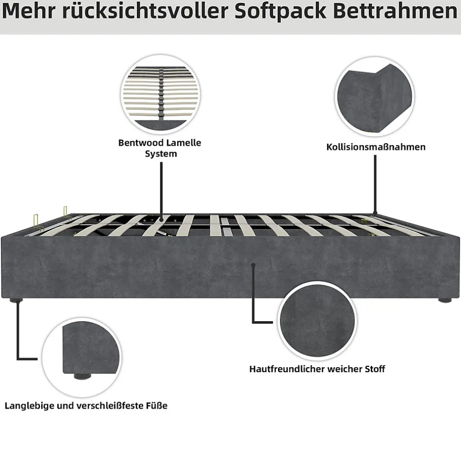 Okwish Lit Coffre Ado 140x200 cm - Lit Double Avec Vérins Hydrauliques, Bas et Moderne, Sans Tête de Lit, Sans Matelas, Velours Gris