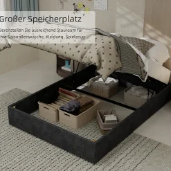 Okwish Lit Coffre Ado 140x200 cm - Lit Double Avec Vérins Hydrauliques, Bas et Moderne, Sans Tête de Lit, Sans Matelas, Velours Gris