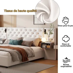 Fortuna lai Lit Coffre Adulte 140x200 Cm Avec Tête De Lit, Liseuse, Port USB, 2 Tables De Chevet, Velours, Blanc Sale