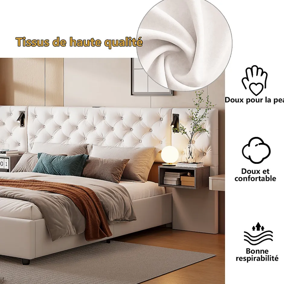 Fortuna lai Lit Coffre Adulte 140x200 Cm Avec Tête De Lit, Liseuse, Port USB, 2 Tables De Chevet, Velours, Blanc Sale