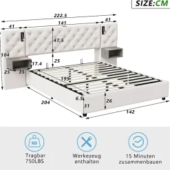 Fortuna lai Lit Coffre Adulte 140x200 Cm Avec Tête De Lit, Liseuse, Port USB, 2 Tables De Chevet, Velours, Blanc Sale